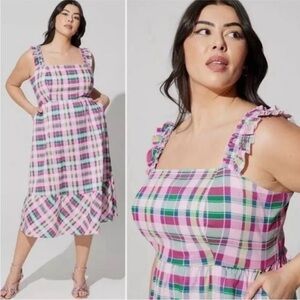 NWT Torrid Pink Plaid Green Mini Poplin Tiered Ruffle Strap Dress Size 1X